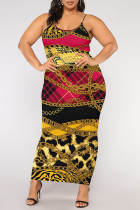Sexy Chain print Leopard Contrast U Neck Printed Plus Size Dresses