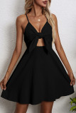 Sweet Solid With Bow V Neck Sling Dress Dresses