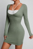 Sexy Solid Frenulum Contrast Halter Wrapped Skirt Dresses