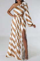 Casual Striped Print Backless Slit Oblique Collar Long Dresses