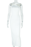 Elegant Solid Color Hollow Out Patchwork Asymmetrical Collar Long Dresses