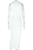 Elegant Solid Color Hollow Out Patchwork Asymmetrical Collar Long Dresses