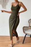 Sexy Solid Slit Fold V Neck Wrapped Skirt Dresses