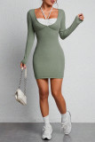 Sexy Solid Frenulum Contrast Halter Wrapped Skirt Dresses