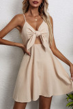 Sweet Solid With Bow V Neck Sling Dress Dresses
