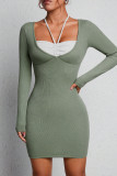Sexy Solid Frenulum Contrast Halter Wrapped Skirt Dresses