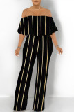 Sexy Striped Print Pocket Flounce Contrast Off Shoulder Jumpsuits