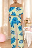 Sexy Floral Print Flounce Contrast Off Shoulder Loose Jumpsuits