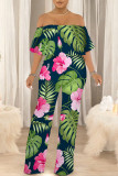 Sexy Floral Print Flounce Contrast Off Shoulder Loose Jumpsuits