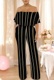 Sexy Striped Print Pocket Flounce Contrast Off Shoulder Jumpsuits