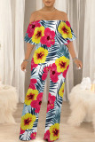 Sexy Floral Print Flounce Contrast Off Shoulder Loose Jumpsuits