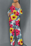 Sexy Floral Print Flounce Contrast Off Shoulder Loose Jumpsuits