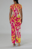 Casual Geometric Print Contrast O Neck One Step Skirt Dresses