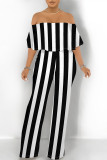 Sexy Striped Print Pocket Flounce Contrast Off Shoulder Jumpsuits