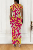 Casual Geometric Print Contrast O Neck One Step Skirt Dresses