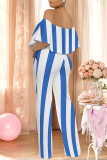 Sexy Striped Print Pocket Flounce Contrast Off Shoulder Jumpsuits