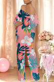 Sexy Floral Print Flounce Contrast Off Shoulder Loose Jumpsuits
