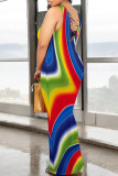 Casual Geometric Print Backless Contrast O Neck One Step Skirt Dresses