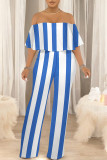 Sexy Striped Print Pocket Flounce Contrast Off Shoulder Jumpsuits