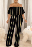 Sexy Striped Print Pocket Flounce Contrast Off Shoulder Jumpsuits