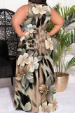 Casual Floral Print Lace Up Slit V Neck Printed Plus Size Dresses