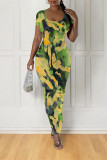 Casual Geometric Print Contrast O Neck One Step Skirt Dresses