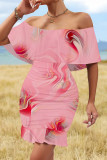 Sexy Floral Print Flounce Contrast Off Shoulder Printed Dresses