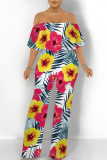 Sexy Floral Print Flounce Contrast Off Shoulder Loose Jumpsuits