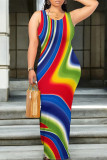 Casual Geometric Print Backless Contrast O Neck One Step Skirt Dresses