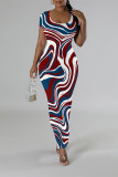 Casual Geometric Print Contrast O Neck One Step Skirt Dresses
