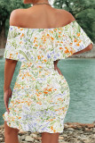 Sexy Floral Print Flounce Contrast Off Shoulder Printed Dresses
