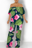 Sexy Floral Print Flounce Contrast Off Shoulder Loose Jumpsuits