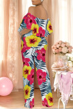 Sexy Floral Print Flounce Contrast Off Shoulder Loose Jumpsuits