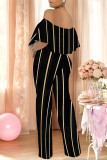Sexy Striped Print Pocket Flounce Contrast Off Shoulder Jumpsuits