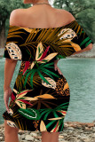 Sexy Floral Print Flounce Contrast Off Shoulder Printed Dresses