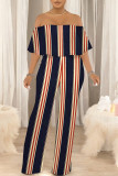 Sexy Striped Print Pocket Flounce Contrast Off Shoulder Jumpsuits