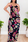 Sexy National Totem Print Pocket Contrast O Neck Long Dresses