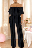 Sexy Striped Print Pocket Flounce Contrast Off Shoulder Jumpsuits