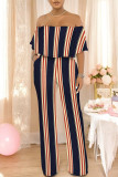 Sexy Striped Print Pocket Flounce Contrast Off Shoulder Jumpsuits