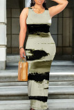 Casual Geometric Print Backless Contrast O Neck One Step Skirt Dresses