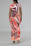 Casual Geometric Print Contrast O Neck One Step Skirt Dresses