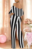 Sexy Striped Print Pocket Flounce Contrast Off Shoulder Jumpsuits