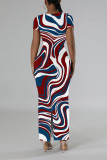 Casual Geometric Print Contrast O Neck One Step Skirt Dresses