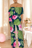 Sexy Floral Print Flounce Contrast Off Shoulder Loose Jumpsuits