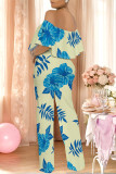 Sexy Floral Print Flounce Contrast Off Shoulder Loose Jumpsuits