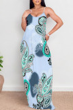 Sexy National Totem Print Pocket Contrast O Neck Long Dresses