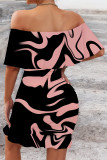 Sexy Floral Print Flounce Contrast Off Shoulder Printed Dresses