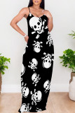 Sexy Skull Head Striped Print Pocket Contrast O Neck Printed Dresses