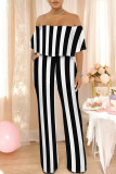 Sexy Striped Print Pocket Flounce Contrast Off Shoulder Jumpsuits