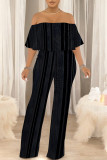 Sexy Striped Print Pocket Flounce Contrast Off Shoulder Jumpsuits